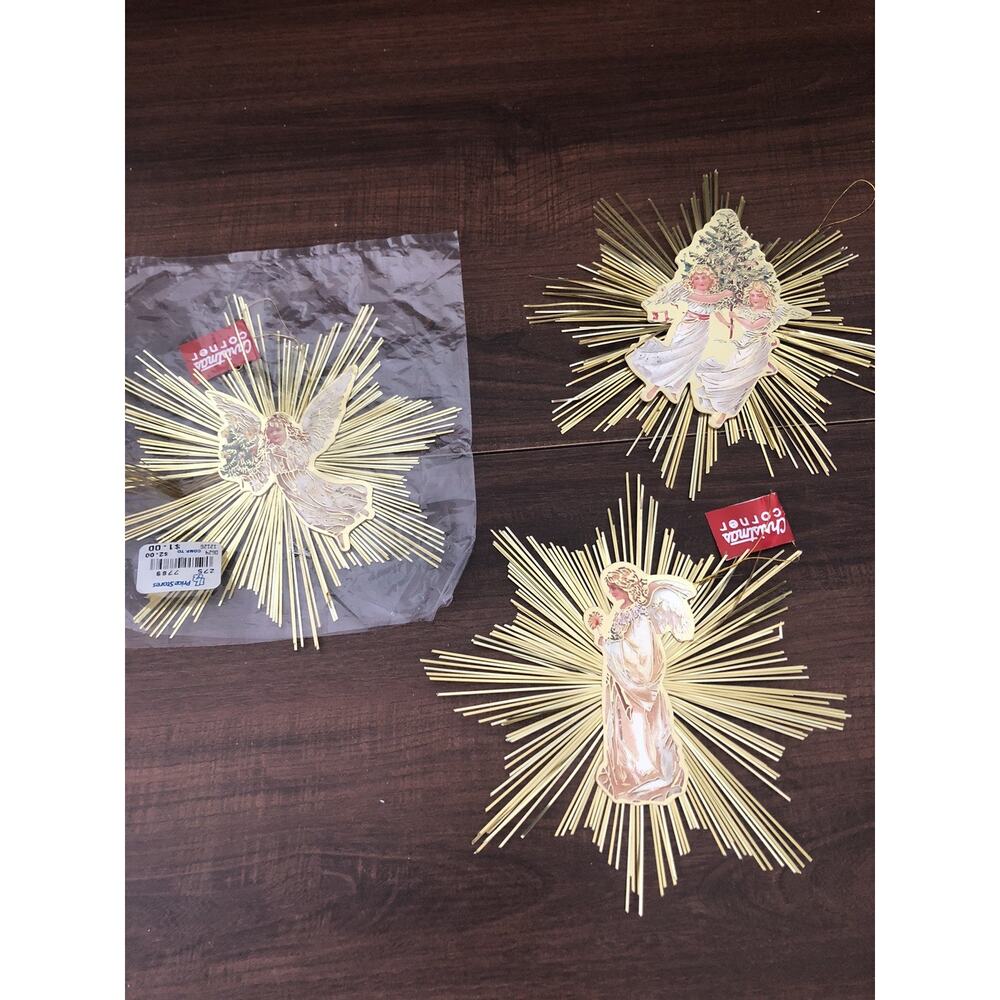 3 Victorian Style Paper Die Cut Gold Angel Starburst Christmas Ornaments New VTG